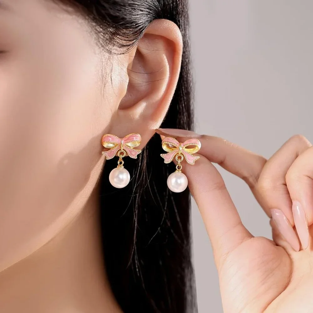 Women's Pink Earrings Long Tassel Chain Drop Earrings Trendy Small Bow Sparkly - Picture 4 of 9
